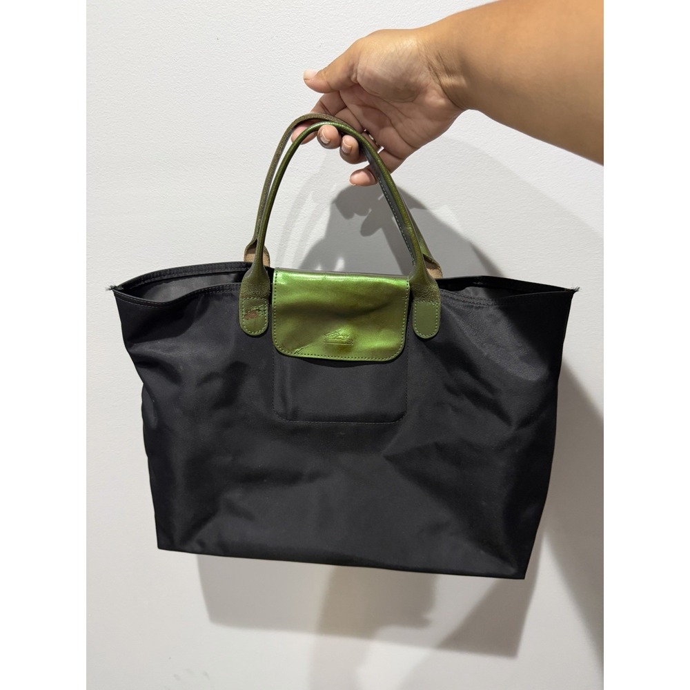 Rare Longchamp Le Pliage Tote Bag Metallic Green Htf VTg No Zip Open Top Read P